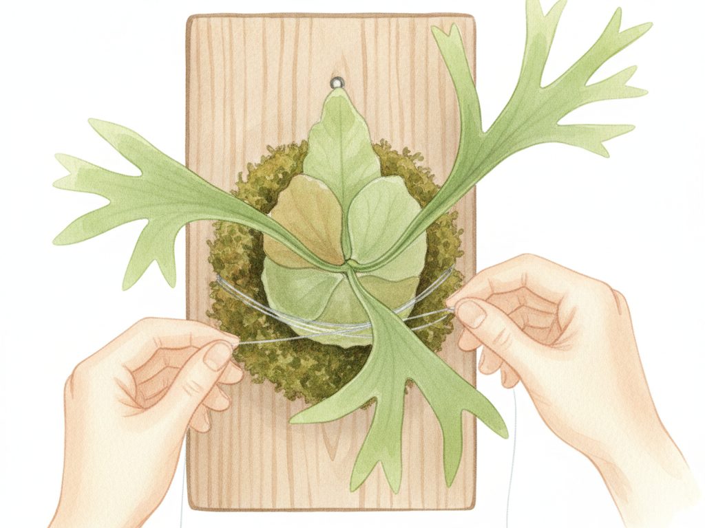 テグスで株を板に固定する